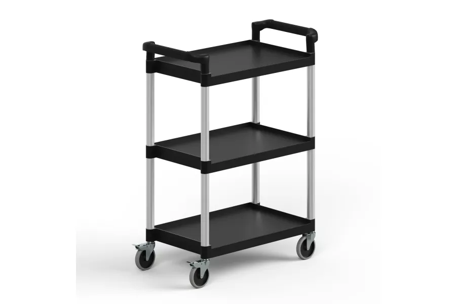 32 in. × 16 in. Utility / Bussing Cart with Three Shelves. Heavy-Duty Polypropylene, Black Shelves with Grey Posts, Commercial Service Cart with Wheels