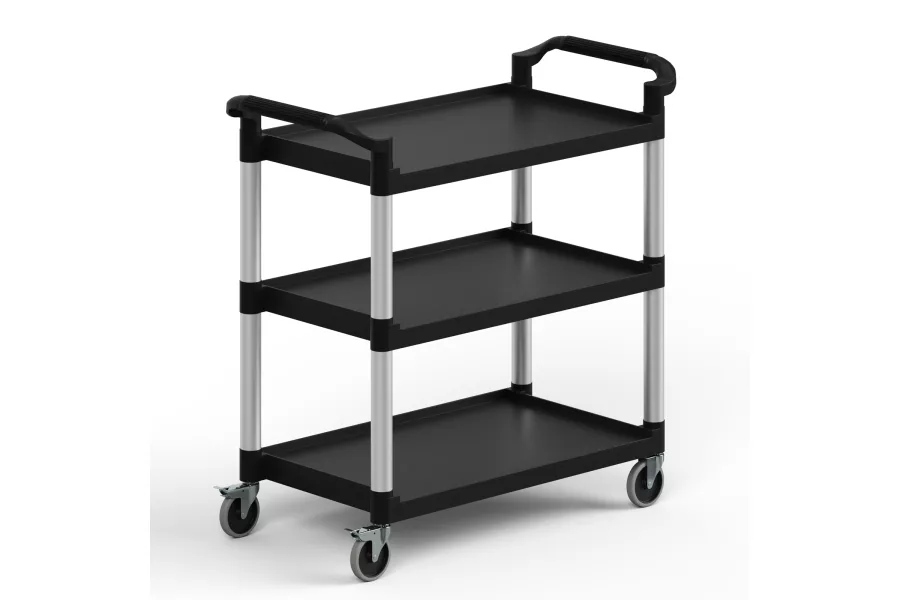 42 in. × 20 in. Utility / Bussing Cart with Three Shelves. Heavy-Duty Polypropylene, Black Shelves with Grey Posts, Commercial Service Cart with Wheels