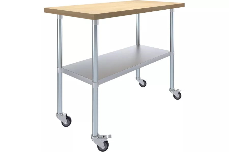 24" x 48" Maple Wood Top Work Table with Adjustable Undershelf and Wheels
