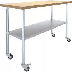 24" x 60" Maple Wood Top Work Table with Adjustable Undershelf and Wheels