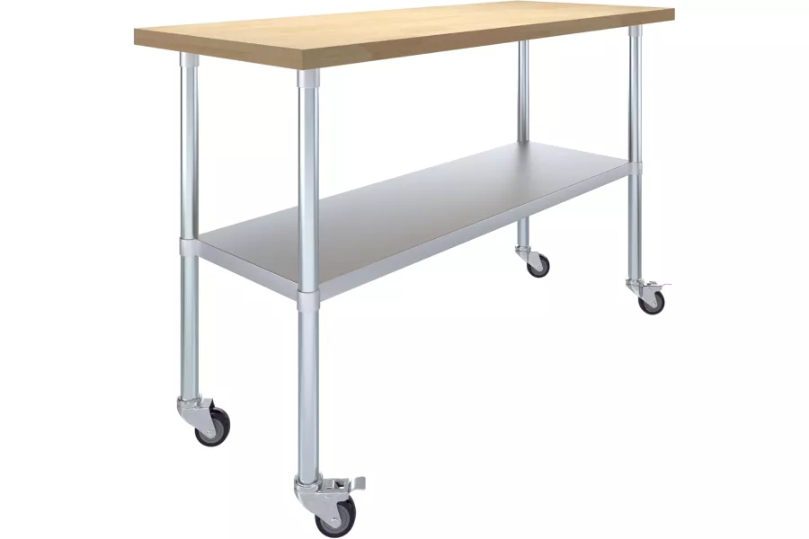 24" x 60" Maple Wood Top Work Table with Adjustable Undershelf and Wheels