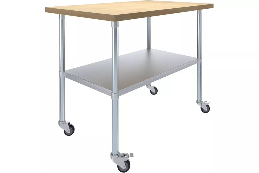 30" x 48" Maple Wood Top Work Table with Adjustable Undershelf and Wheels