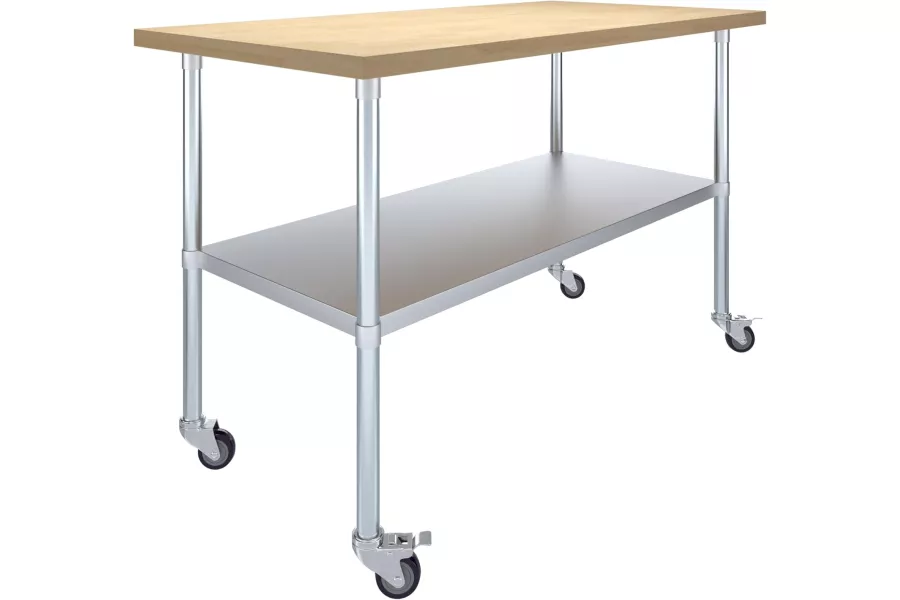 30" x 60" Maple Wood Top Work Table with Adjustable Undershelf and Wheels