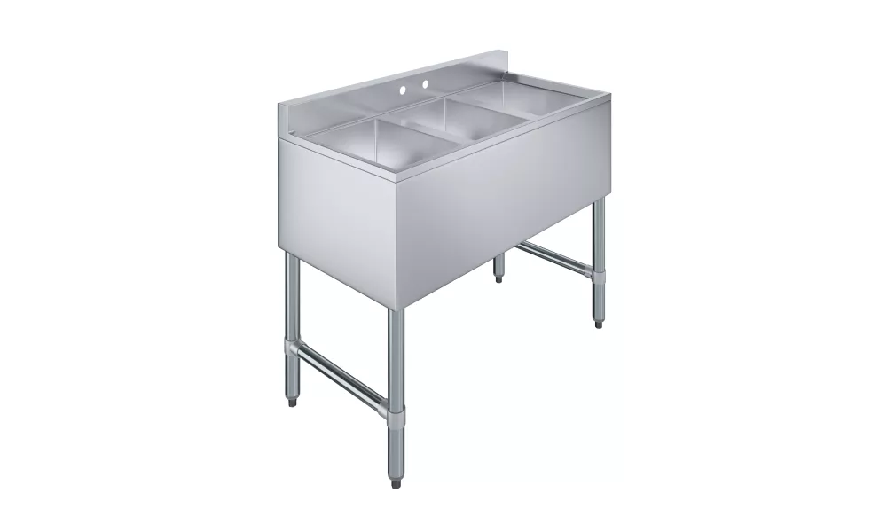 AmGood 38 in. x 19 in. Three Compartment Under Bar Sink. 18-3/4 in. x 38-1/2 in. x 30 in. with 3 in. Backsplash, 10 in. x 14 in. Bowls. NSF