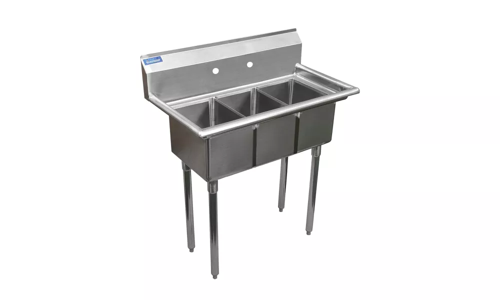 36 in. x 20 in. Stainless Steel Three Compartment Sink with 10 in. x 14 in. Bowls