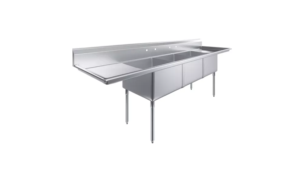 120 in. x 30 in. Stainless Steel Three Compartment Sink with 24 in. x 24 in. x 14 in. Bowls and Dual 24 in. Drainboards