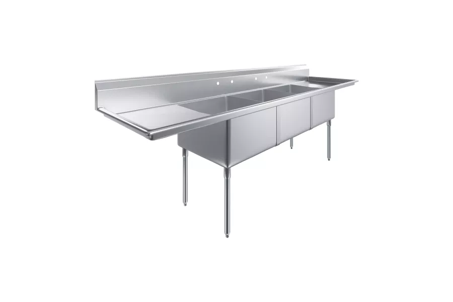 120 in. x 30 in. Stainless Steel Three Compartment Sink with 24 in. x 24 in. x 14 in. Bowls and Dual 24 in. Drainboards