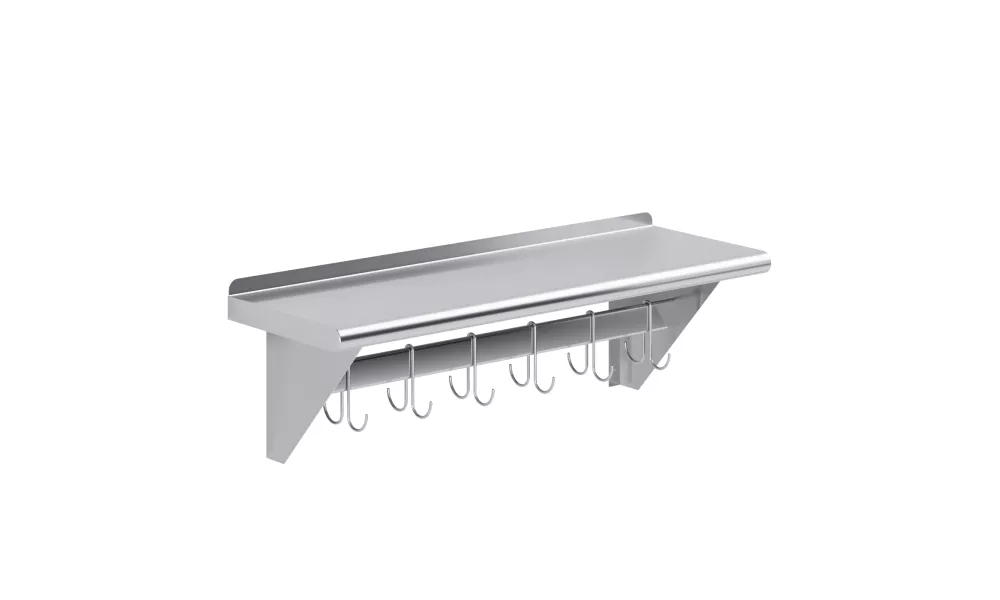 12 in. x 36 in. Stainless Steel Wall Mounted Pot Rack with Shelf and 6 Double Sided Chrome Plated Hooks