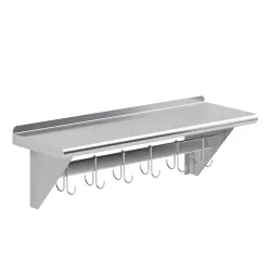 12 in. x 36 in. Stainless Steel Wall Mounted Pot Rack with Shelf and 6 Double Sided Chrome Plated Hooks