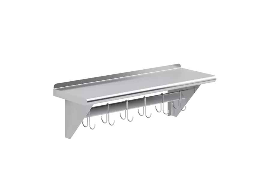 12 in. x 36 in. Stainless Steel Wall Mounted Pot Rack with Shelf and 6 Double Sided Chrome Plated Hooks