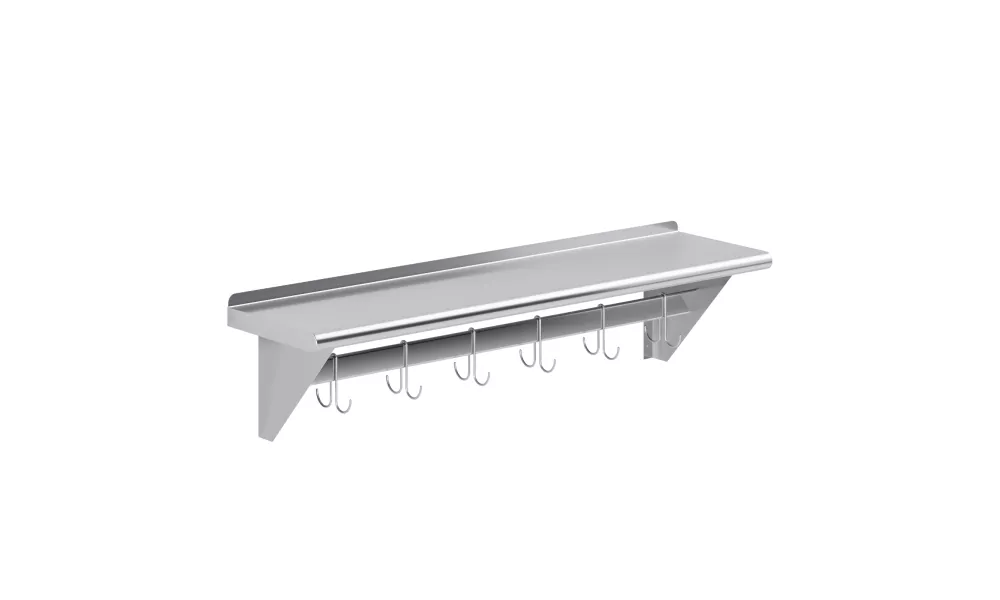 12 in. x 48 in. Stainless Steel Wall Mounted Pot Rack with Shelf and 6 Double Sided Chrome Plated Hooks