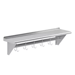 12 in. x 48 in. Stainless Steel Wall Mounted Pot Rack with Shelf and 6 Double Sided Chrome Plated Hooks
