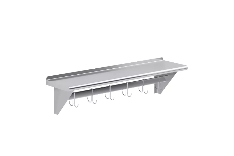 12 in. x 48 in. Stainless Steel Wall Mounted Pot Rack with Shelf and 6 Double Sided Chrome Plated Hooks