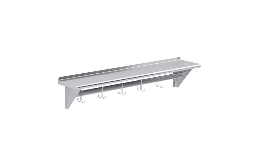 12 in. x 60 in. Stainless Steel Wall Mounted Pot Rack with Shelf and 6 Double Sided Chrome Plated Hooks