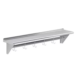 12 in. x 60 in. Stainless Steel Wall Mounted Pot Rack with Shelf and 6 Double Sided Chrome Plated Hooks