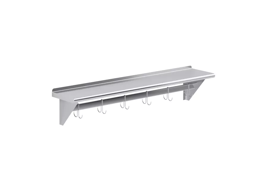 12 in. x 60 in. Stainless Steel Wall Mounted Pot Rack with Shelf and 6 Double Sided Chrome Plated Hooks