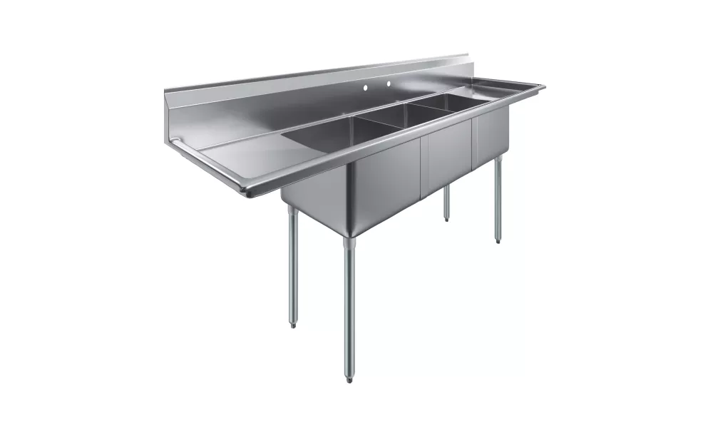 90 in. x 23.5 in. Stainless Steel Three Compartment Sink with 18 in. x 18 in. Bowls and Left and Right Drainboards