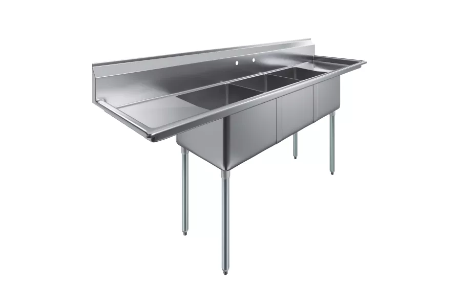 90 in. x 23.5 in. Stainless Steel Three Compartment Sink with 18 in. x 18 in. Bowls and Left and Right Drainboards