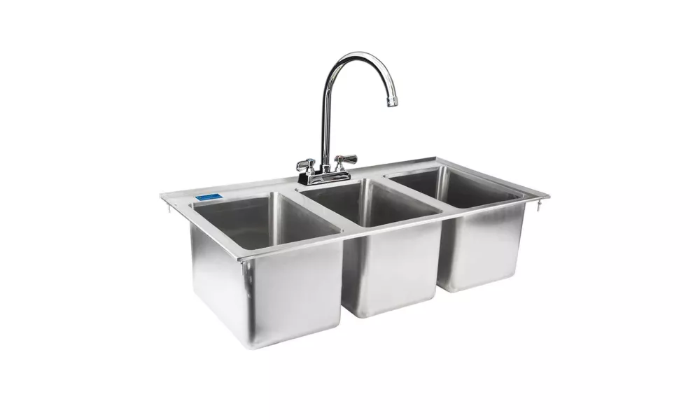 Stainless Steel 3 Compartment Drop-In Sink. Bowl 10 in. x 14 in. x 10 in.. With Faucet