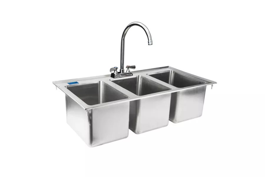 Stainless Steel 3 Compartment Drop-In Sink. Bowl 10 in. x 14 in. x 10 in.. With Faucet