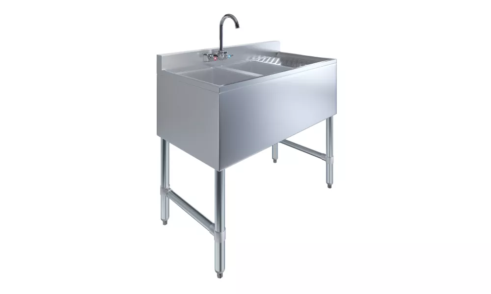 2 Compartment Under Bar Sink With 12" Right Drainboard and Faucet - 36" X 18 3/4"
