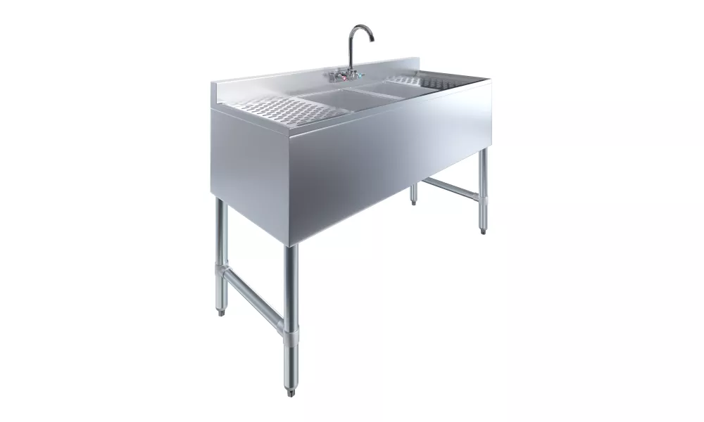 2 Compartment Under Bar Sink With 12" Left and Right Drainboards and Faucet - 48" X 18 3/4"