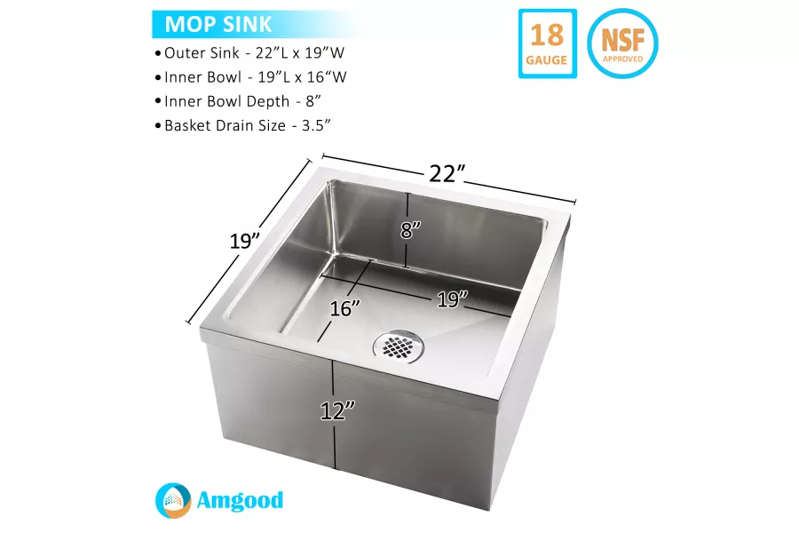 AmGood Stainless Steel Floor Mop Sink. 19 in. x 22 in. x 12 in. Sink