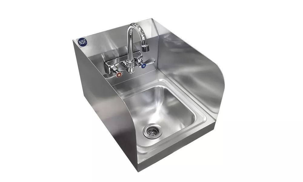 12" x 16" Stainless Steel Wall Mount Hand Sink with Faucet and Sidesplash | Bowl Size: 9" x 9"