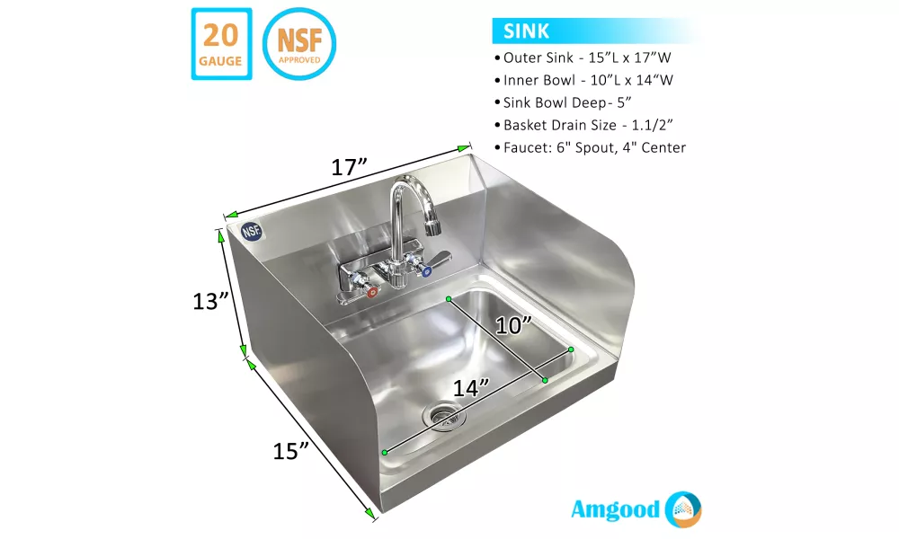AmGood Stainless Steel Wall Mounted Hand Sink 17 in. x 15 in