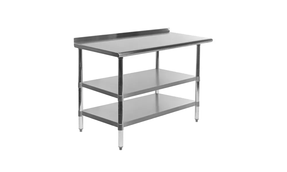 18" X 48" Stainless Steel Work Table with 1.5" Backsplash and 2 Shelves | Metal Kitchen Food Prep Table | NSF