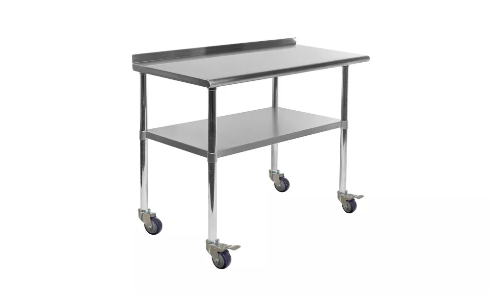 14" X 48" Stainless Steel Work Table with 1.5" Backsplash and Casters | Metal Kitchen Food Prep Table | NSF