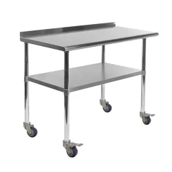 14" X 48" Stainless Steel Work Table with 1.5" Backsplash and Casters | Metal Kitchen Food Prep Table | NSF