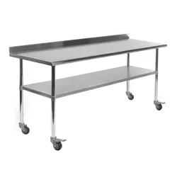 14" X 60" Stainless Steel Work Table with 1.5" Backsplash and Casters | Metal Kitchen Food Prep Table | NSF