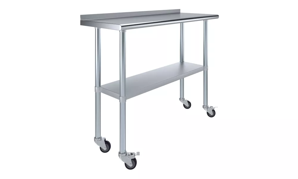 18" X 48" Stainless Steel Work Table with 1.5" Backsplash and Casters | Metal Kitchen Food Prep Table | NSF