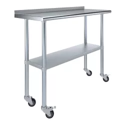 image-Stainless Steel Tables with Backsplash and Wheels