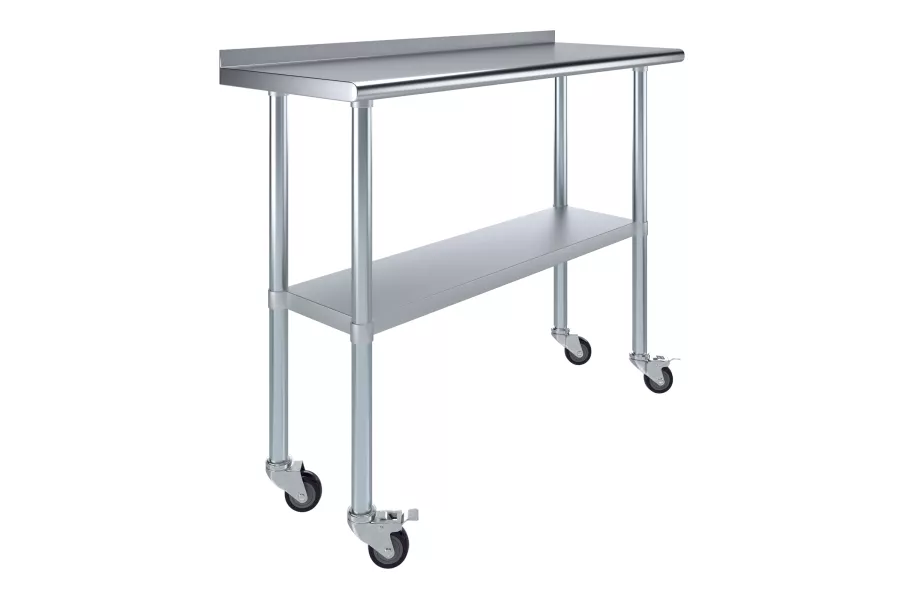 18" X 48" Stainless Steel Work Table with 1.5" Backsplash and Casters | Metal Kitchen Food Prep Table | NSF