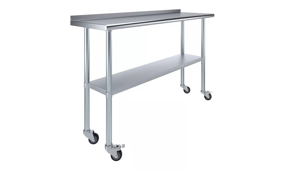 18" X 60" Stainless Steel Work Table with 1.5" Backsplash and Casters | Metal Kitchen Food Prep Table | NSF