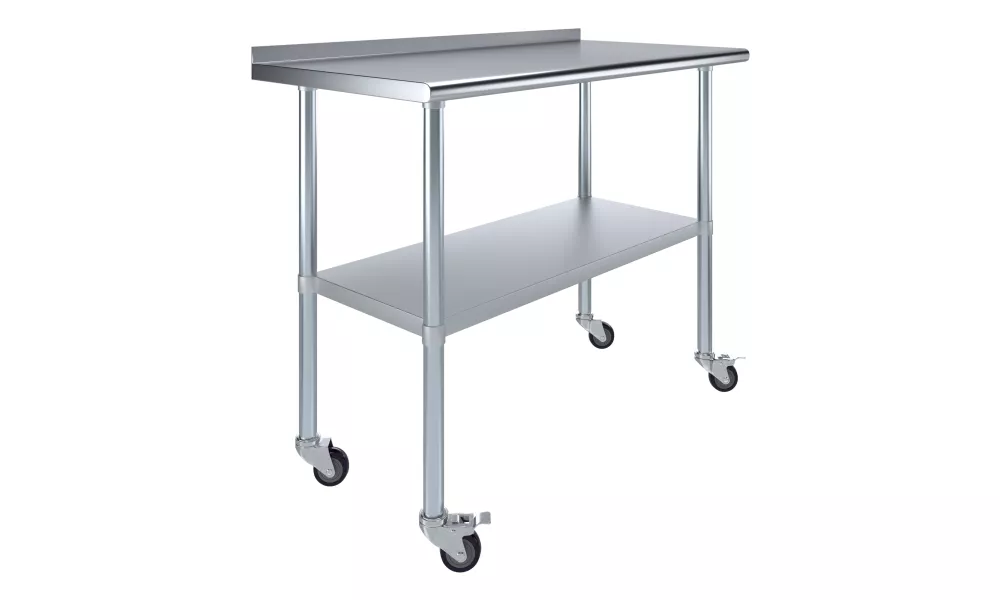 24" X 48" Stainless Steel Work Table with 1.5" Backsplash and Casters | Metal Kitchen Food Prep Table | NSF
