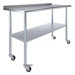 24" X 60" Stainless Steel Work Table with 1.5" Backsplash and Casters | Metal Kitchen Food Prep Table | NSF