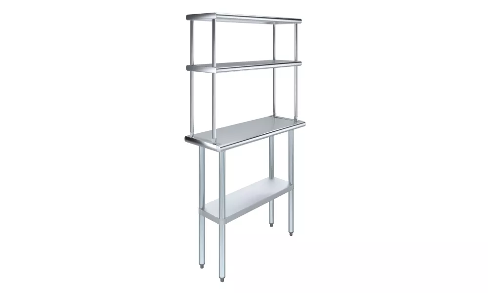 14" x 36" Stainless Steel Work Table with 12" Wide Double Tier Overshelf | Metal Kitchen Prep Table & Shelving Combo