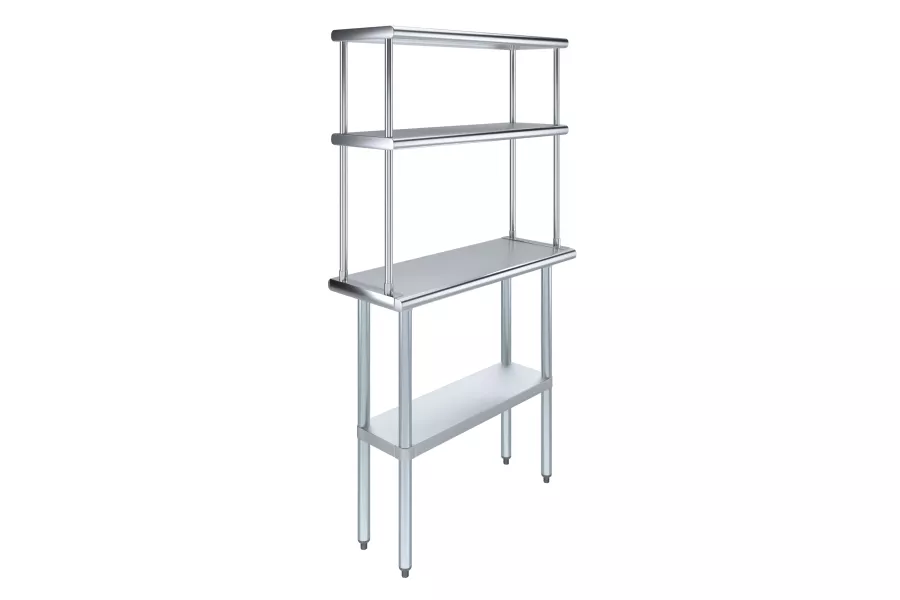 14" x 36" Stainless Steel Work Table with 12" Wide Double Tier Overshelf | Metal Kitchen Prep Table & Shelving Combo