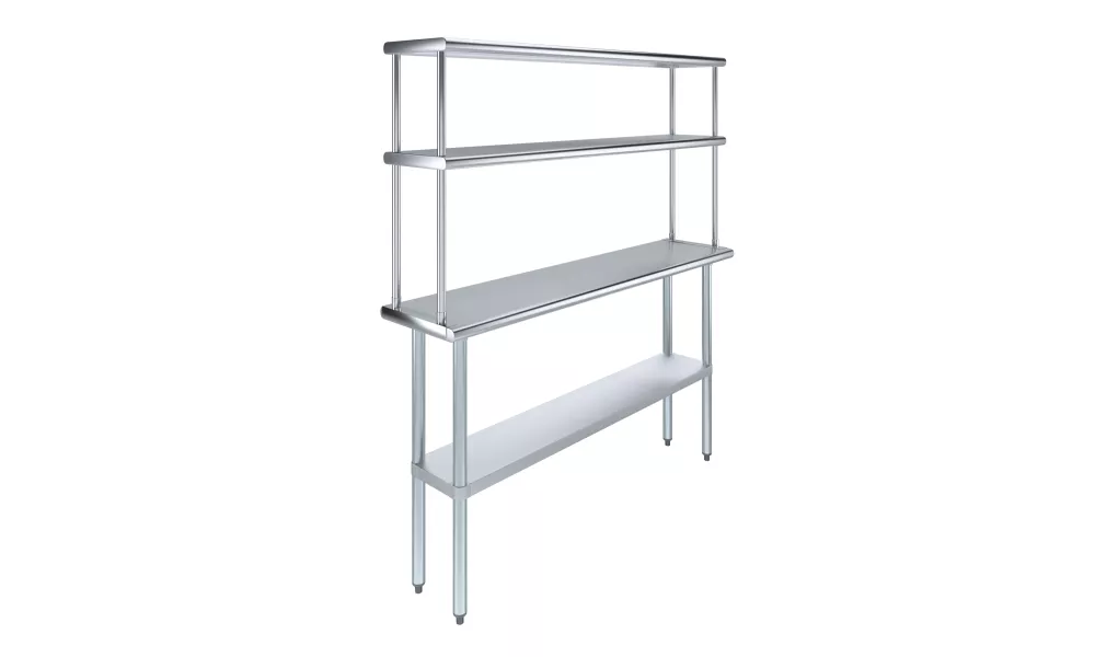 14" x 60" Stainless Steel Work Table with 12" Wide Double Tier Overshelf | Metal Kitchen Prep Table & Shelving Combo
