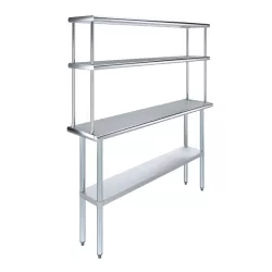 14" x 60" Stainless Steel Work Table with 12" Wide Double Tier Overshelf | Metal Kitchen Prep Table & Shelving Combo