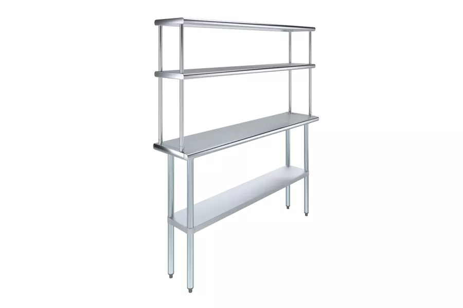 14" x 60" Stainless Steel Work Table with 12" Wide Double Tier Overshelf | Metal Kitchen Prep Table & Shelving Combo