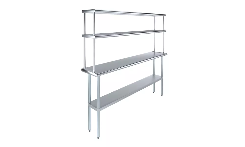 14" x 72" Stainless Steel Work Table with 12" Wide Double Tier Overshelf | Metal Kitchen Prep Table & Shelving Combo