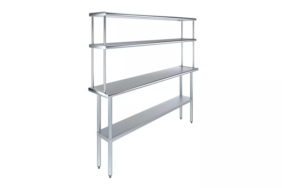 14" x 72" Stainless Steel Work Table with 12" Wide Double Tier Overshelf | Metal Kitchen Prep Table & Shelving Combo