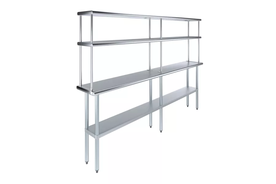14" x 96" Stainless Steel Work Table with 12" Wide Double Tier Overshelf | Metal Kitchen Prep Table & Shelving Combo