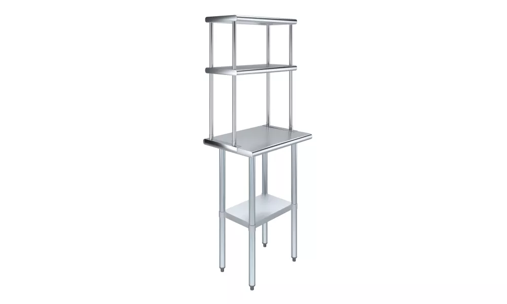 18" x 24" Stainless Steel Work Table with 12" Wide Double Tier Overshelf | Metal Kitchen Prep Table & Shelving Combo