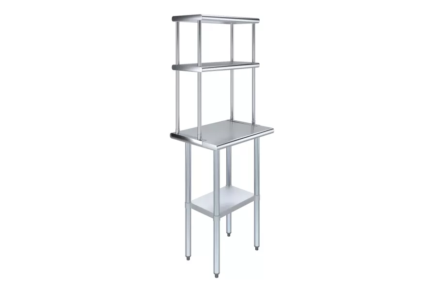 18" x 24" Stainless Steel Work Table with 12" Wide Double Tier Overshelf | Metal Kitchen Prep Table & Shelving Combo