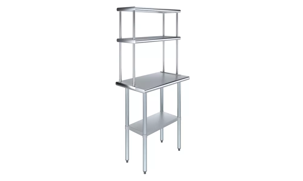 18" x 30" Stainless Steel Work Table with 12" Wide Double Tier Overshelf | Metal Kitchen Prep Table & Shelving Combo